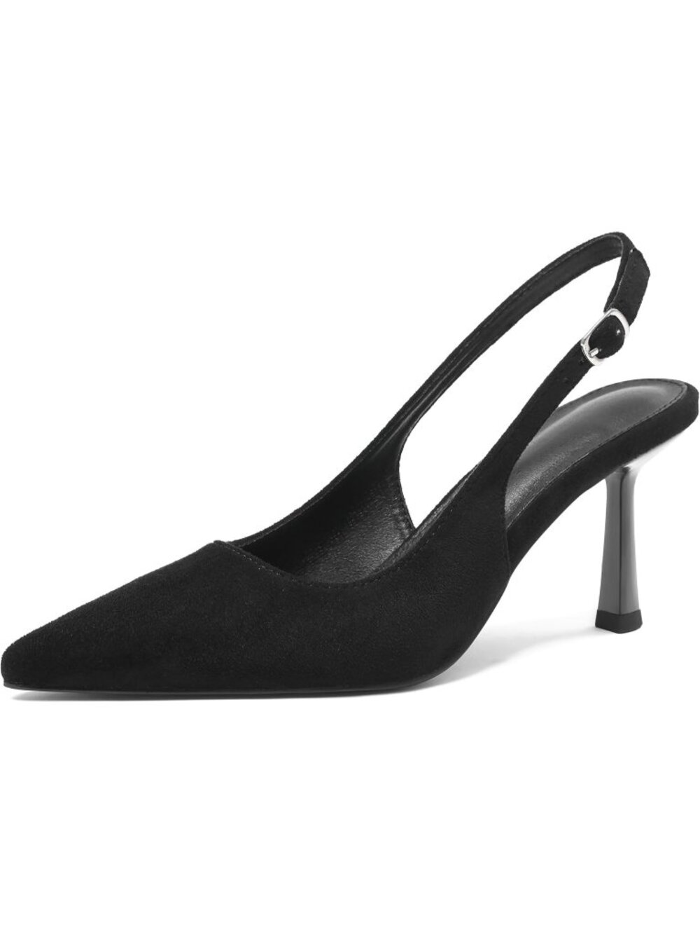Women's Black Suede Pointed Toe Kitten Stiletto Heel Buckle Strap Comfortable
